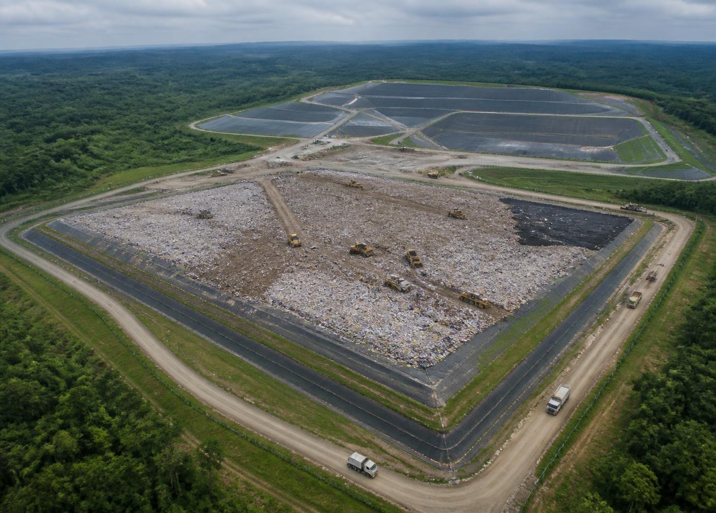 Vista aérea de aterro sanitário com células de disposição e maquinário de compactação