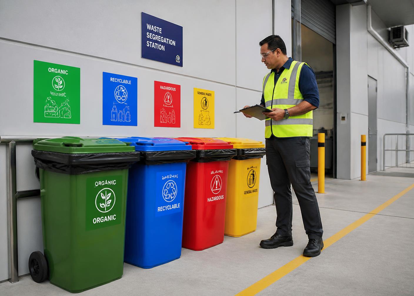 Estação de segregação de resíduos com contêineres coloridos e técnico ambiental em inspeção
